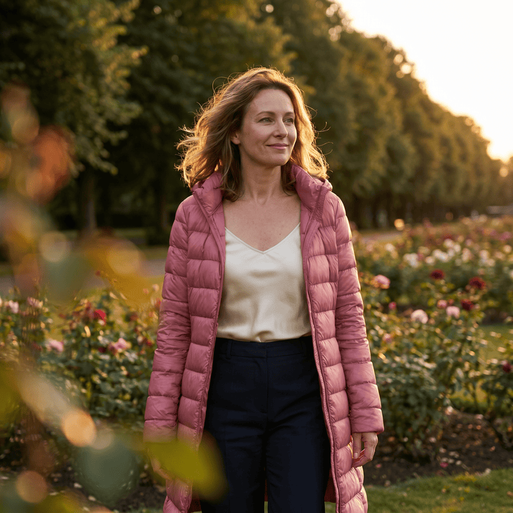 Women’s hooded ultralight down jacket in pink, full-zip with smooth baffle quilting.