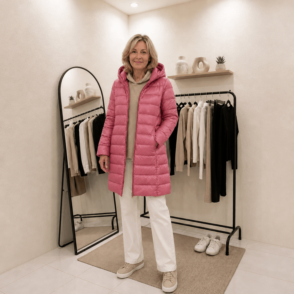Women’s ultralight down jacket, pink hooded full-zip with long tunic length.