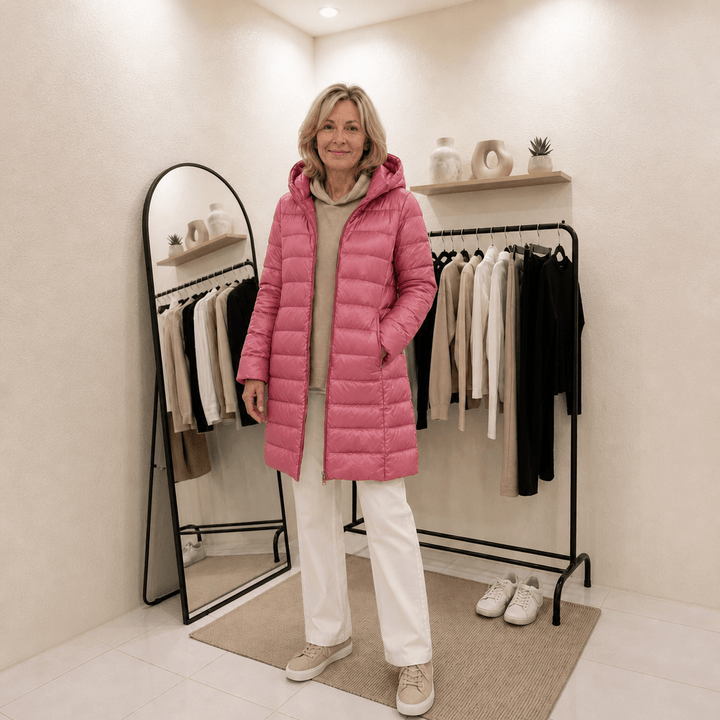 Women’s ultralight down jacket, pink hooded full-zip with long tunic length.