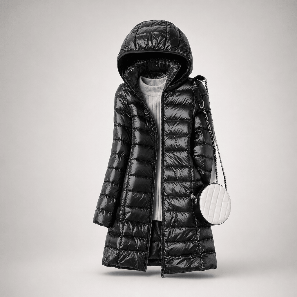 Ultralight down jacket in black with hood and full-zip, quilted puffer baffles.