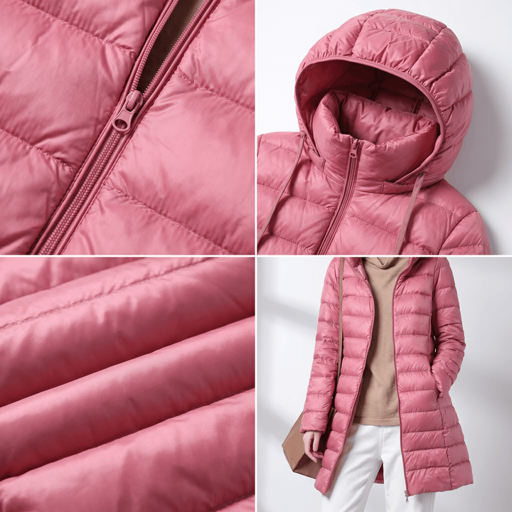 Pink quilted puffer jacket with hood and front zipper; stitched insulation detail