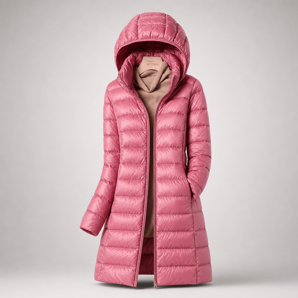 Ultralight down jacket in pink with hood and full-zip, long coat style, quilted.
