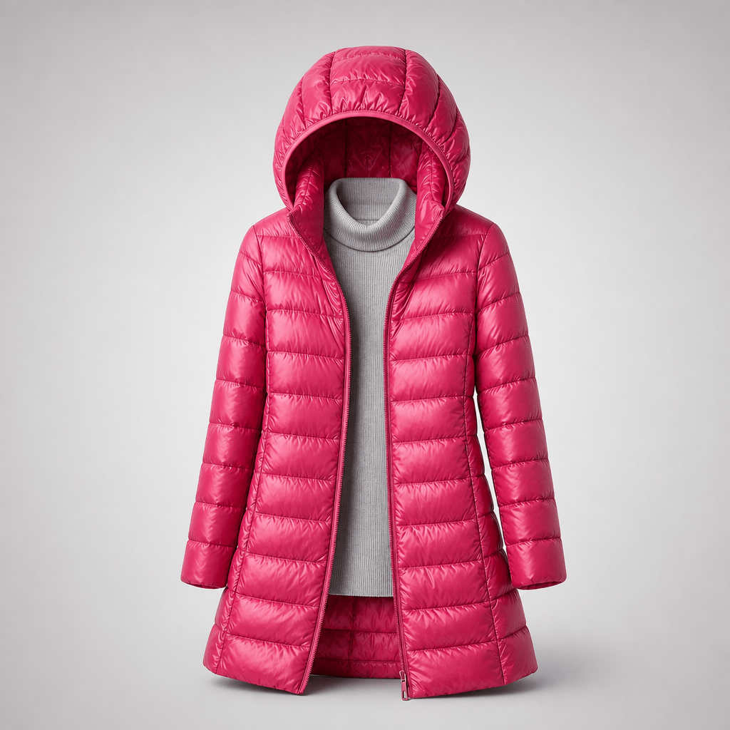 Pink ultralight down jacket with hood, full-length zipper, quilted puffer stitching
