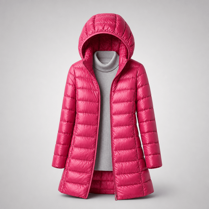 Pink ultralight down jacket with hood, full-length zipper, quilted puffer stitching