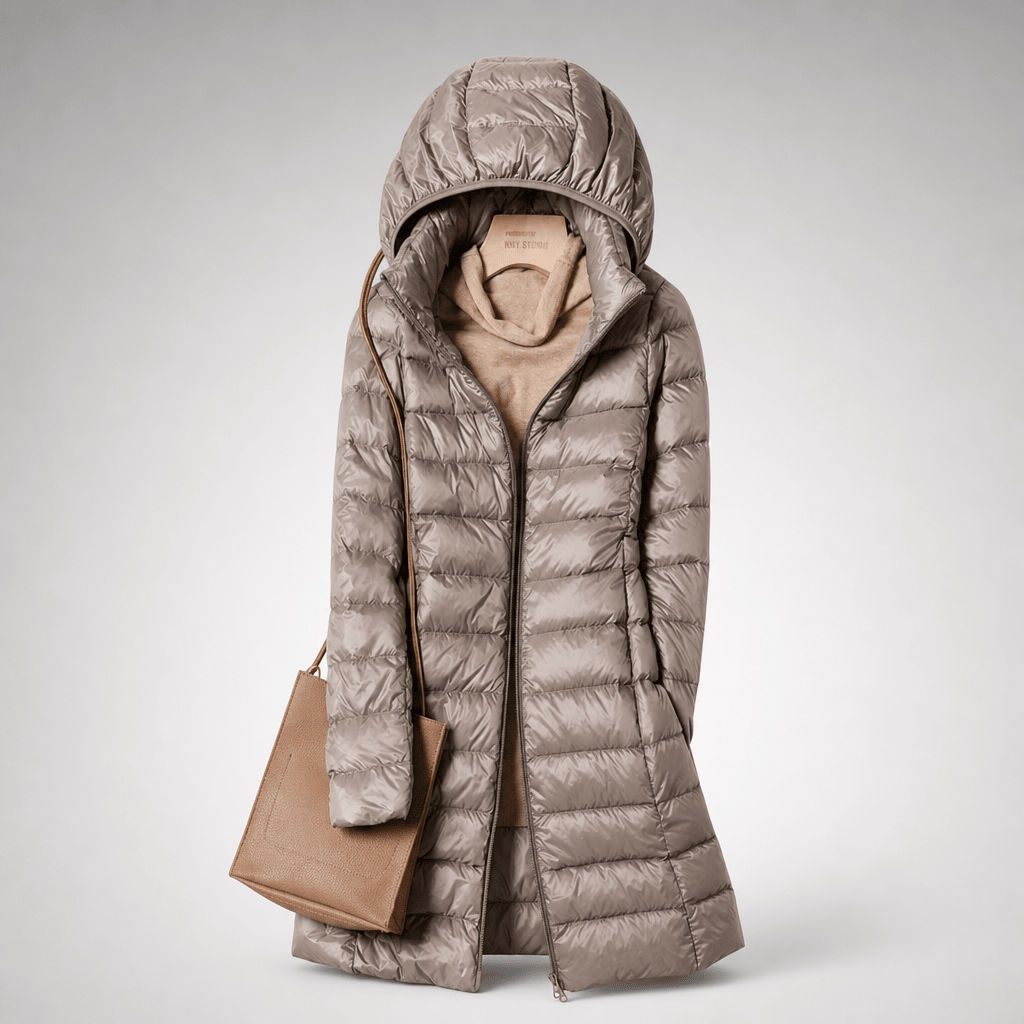 Ultralight down jacket in light taupe/gray with hood and full-zip, quilted baffles.