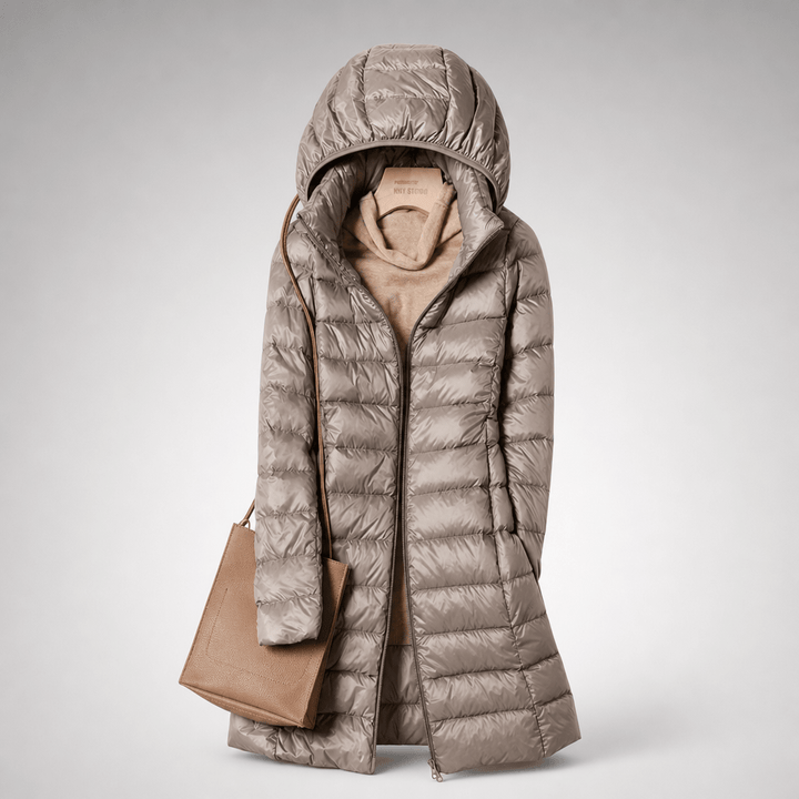 Ultralight down jacket in light taupe/gray with hood and full-zip, quilted baffles.