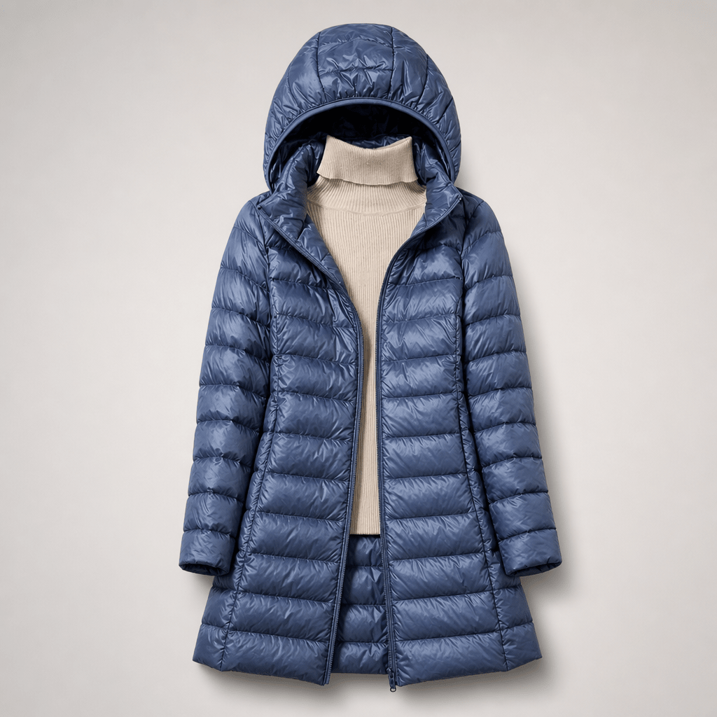 Ultralight down jacket in medium blue with hood and full-zip, quilted puffer panels.