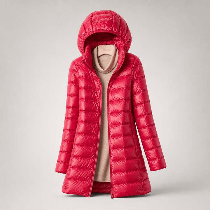 Ultralight down jacket in bright pink with hood and full-zip, quilted baffle design.