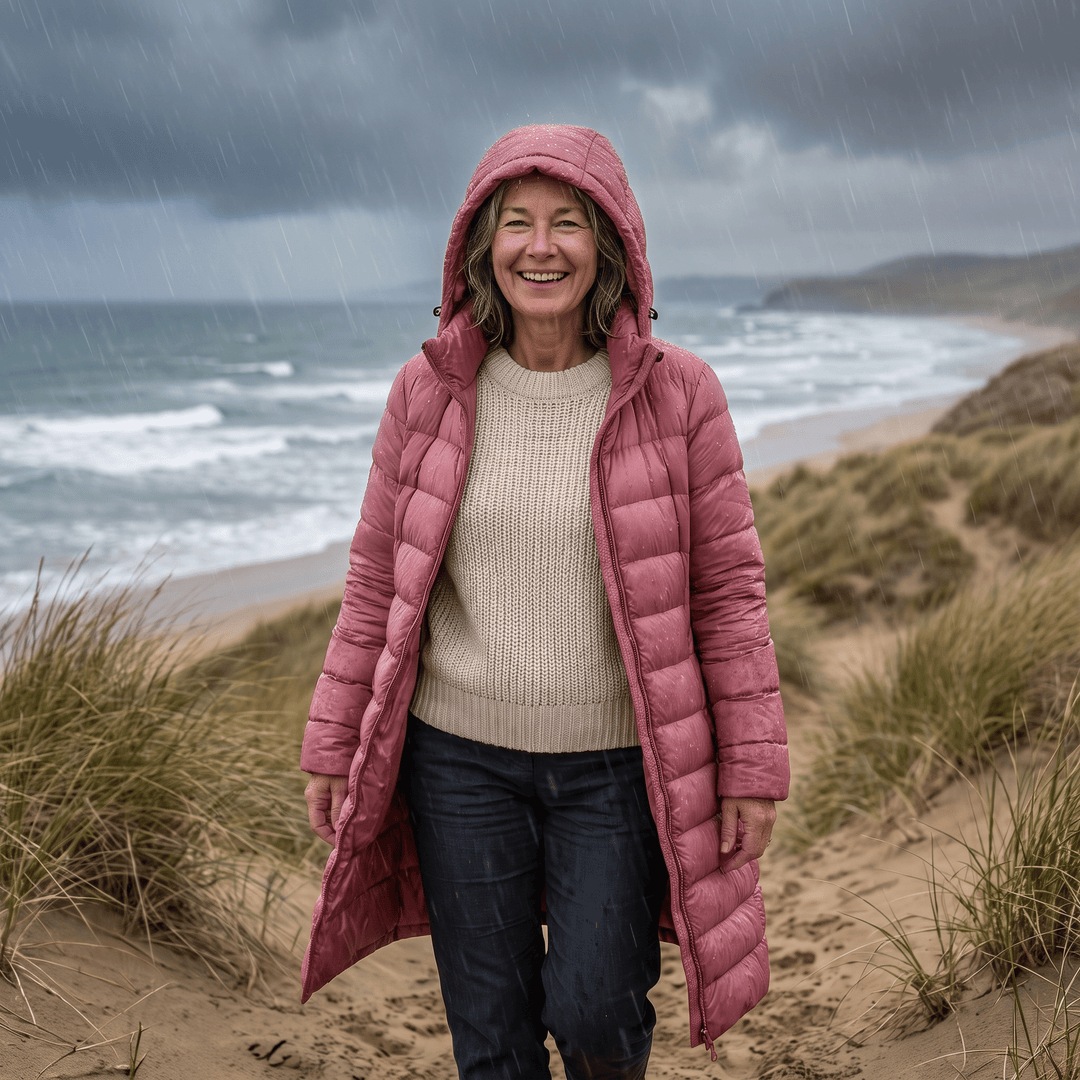 Women’s hooded ultralight down jacket in dusty pink, full-zip front over jeans.