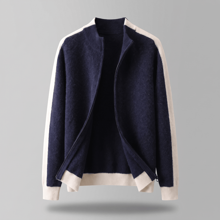 Deep navy cashmere zip-through jacket with contrast cream sleeve panels and ribbed cuffs