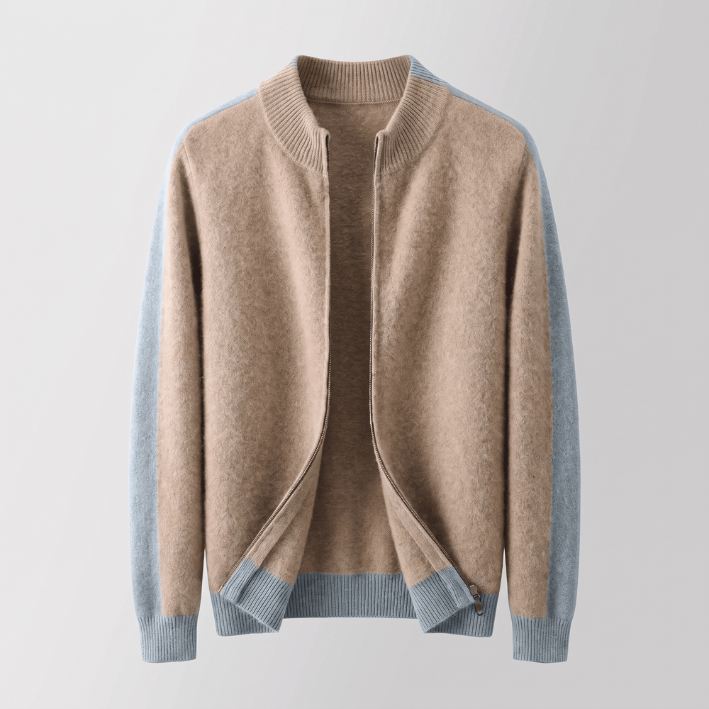 Sandstone beige zip-through jacket with ribbed collar and cuffs, exposed zip
