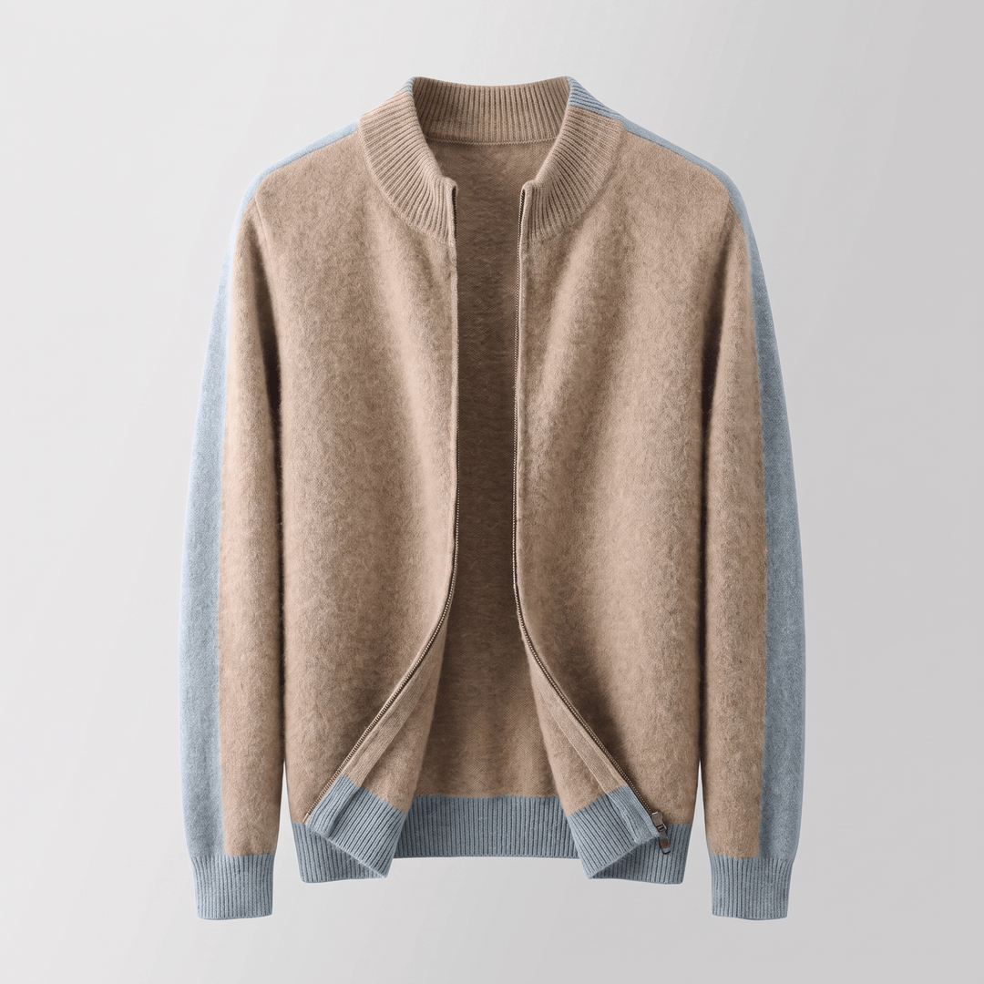 Sandstone beige zip-through jacket with ribbed collar and cuffs, exposed zip