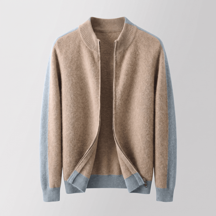 Sandstone beige zip-through jacket with ribbed collar and cuffs, exposed zip