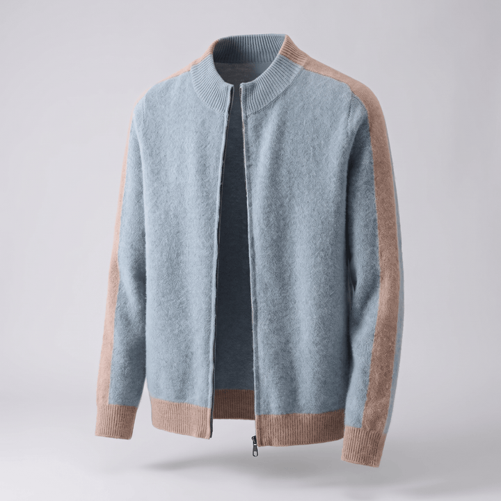 Coastal blue cashmere zip-through jacket with contrast tan sleeves and ribbed cuffs