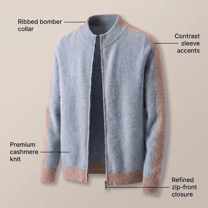 Light blue zip-through bomber jacket with ribbed collar and contrast sleeve accents