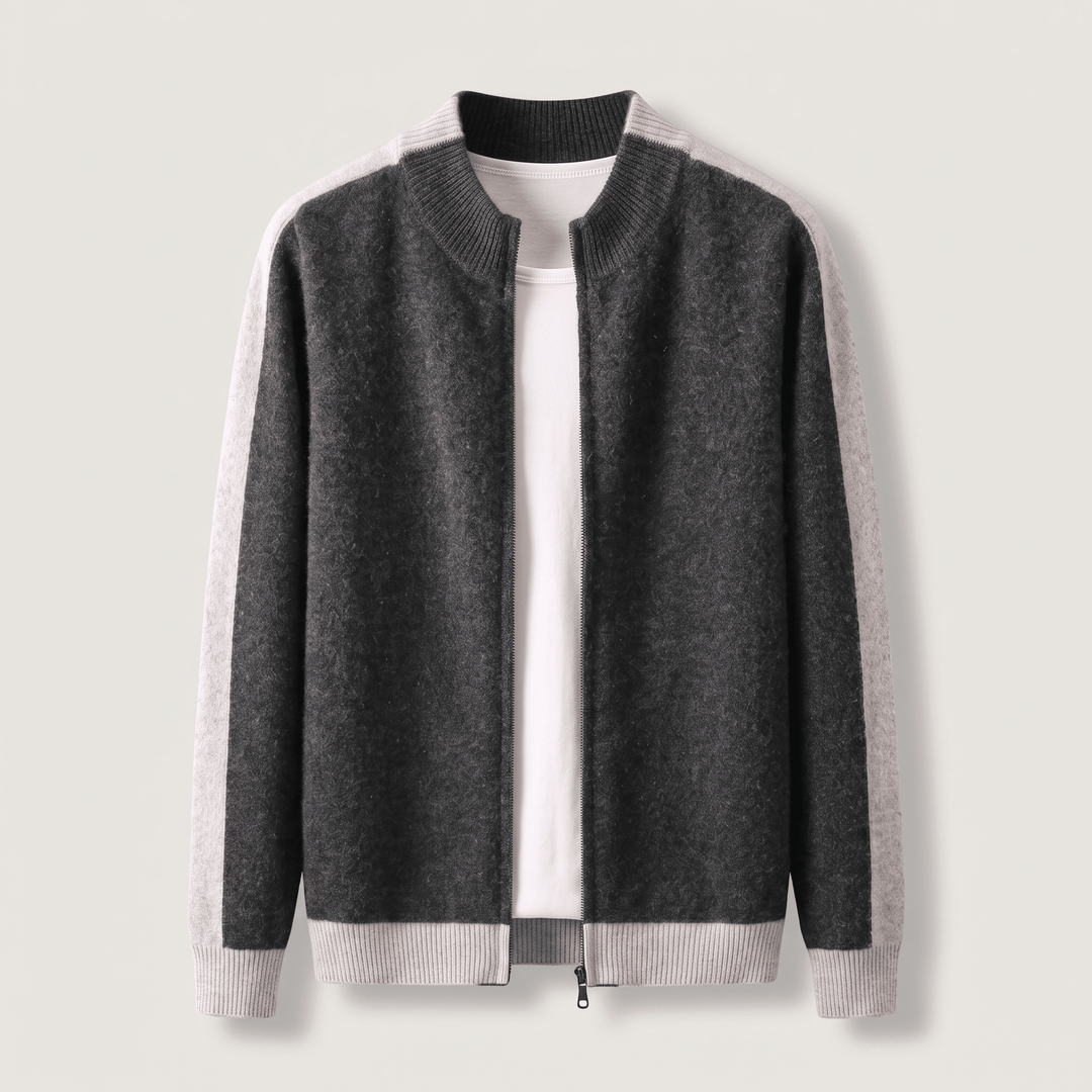 Onyx grey cashmere zip-through jacket with ribbed cuffs and contrast white inner placket
