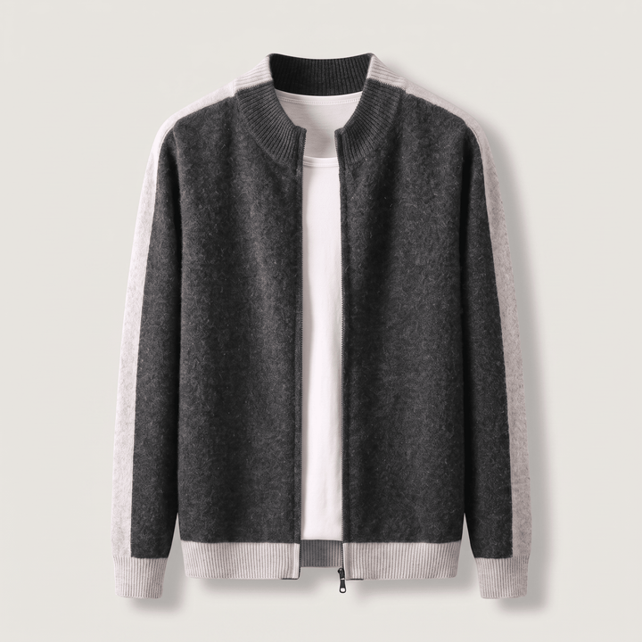 Onyx grey cashmere zip-through jacket with ribbed cuffs and contrast white inner placket