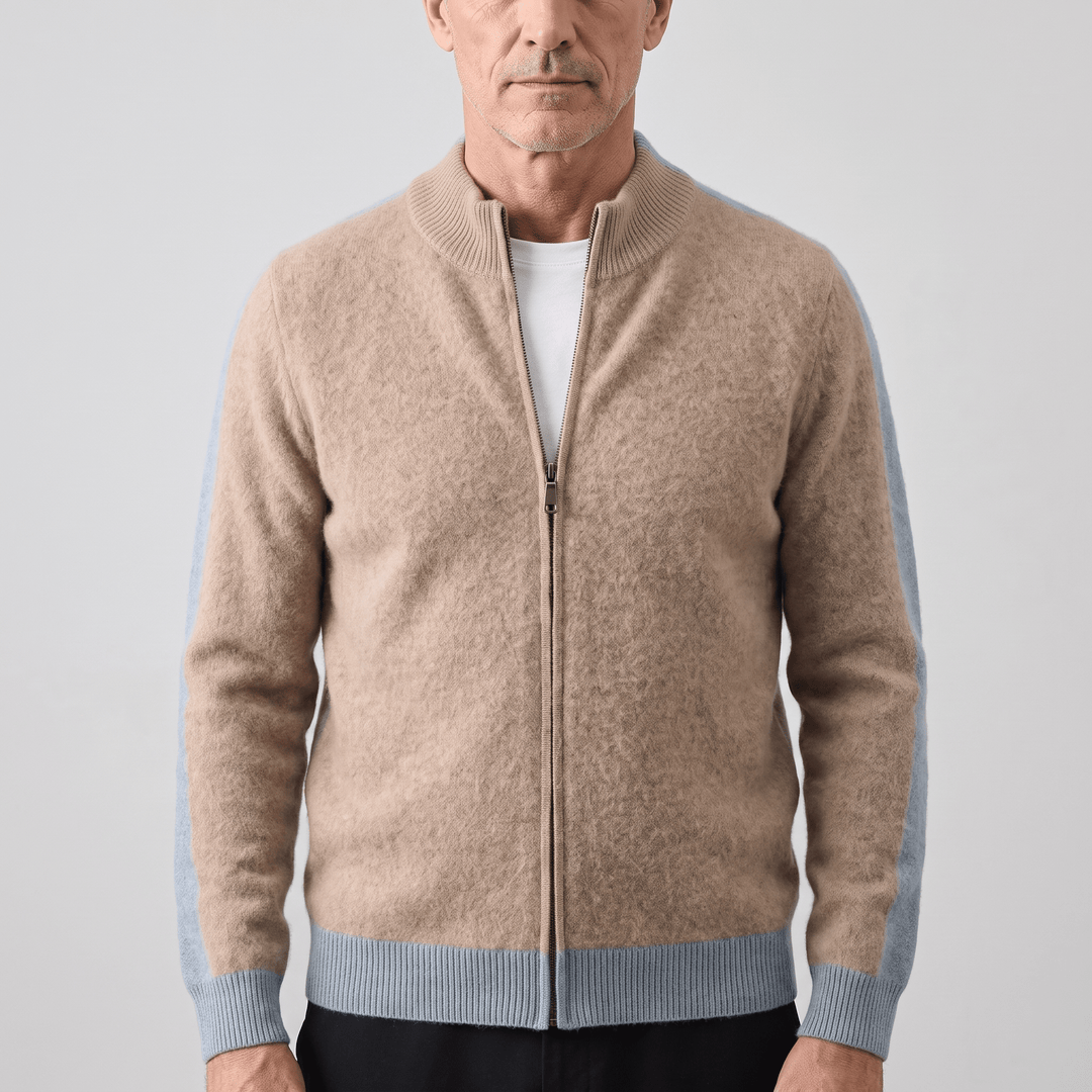Sandstone beige cashmere zip-through jacket with ribbed hem and cuff trims