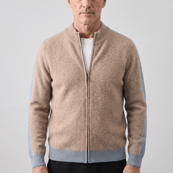Sandstone beige cashmere zip-through jacket with ribbed hem and cuff trims