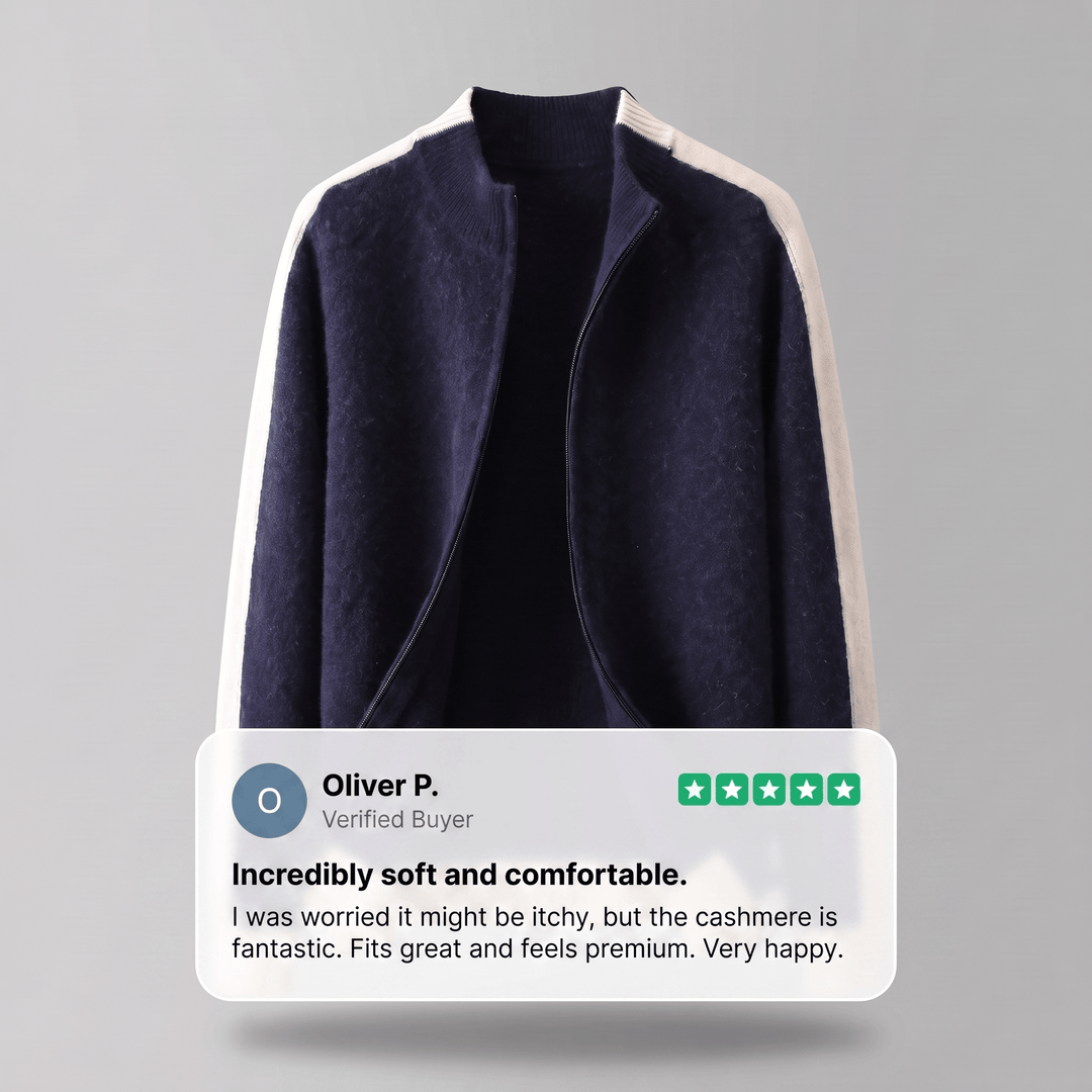 Deep navy zip-through cashmere jacket with contrast shoulder panel and ribbed cuffs