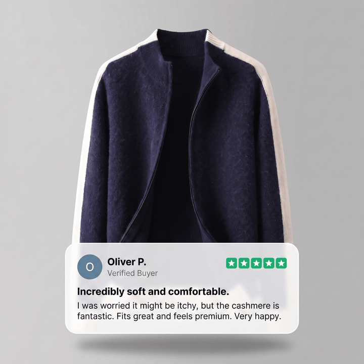 Deep navy zip-through cashmere jacket with contrast shoulder panel and ribbed cuffs