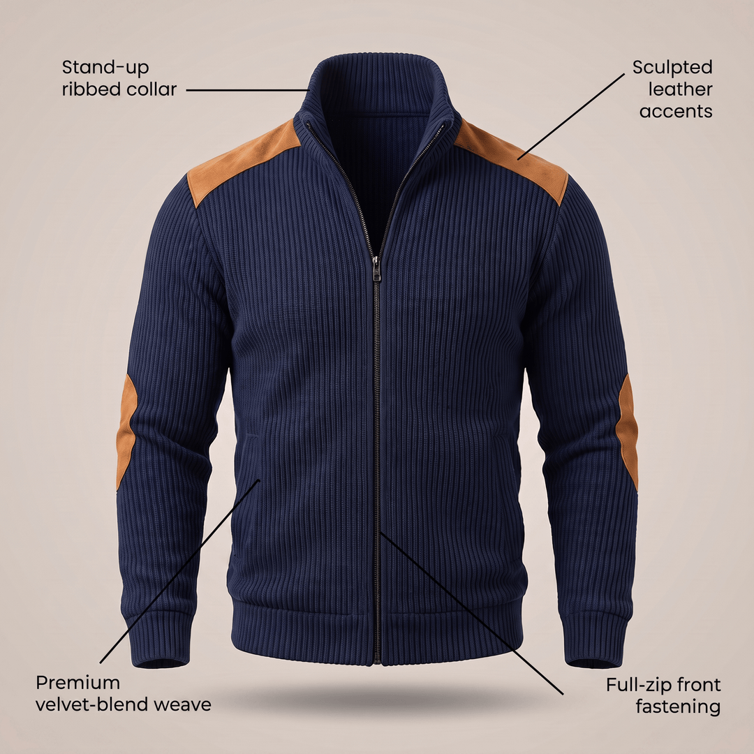 Navy velvet-look full-zip jacket with ribbed stand collar and sculpted leather accents