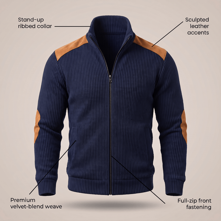 Navy velvet-look full-zip jacket with ribbed stand collar and sculpted leather accents