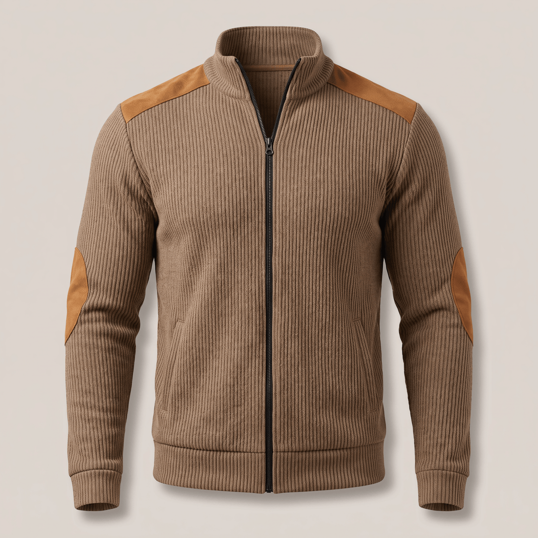 Fawn ribbed velvet-look zip jacket with stand collar and tan leather shoulder accents