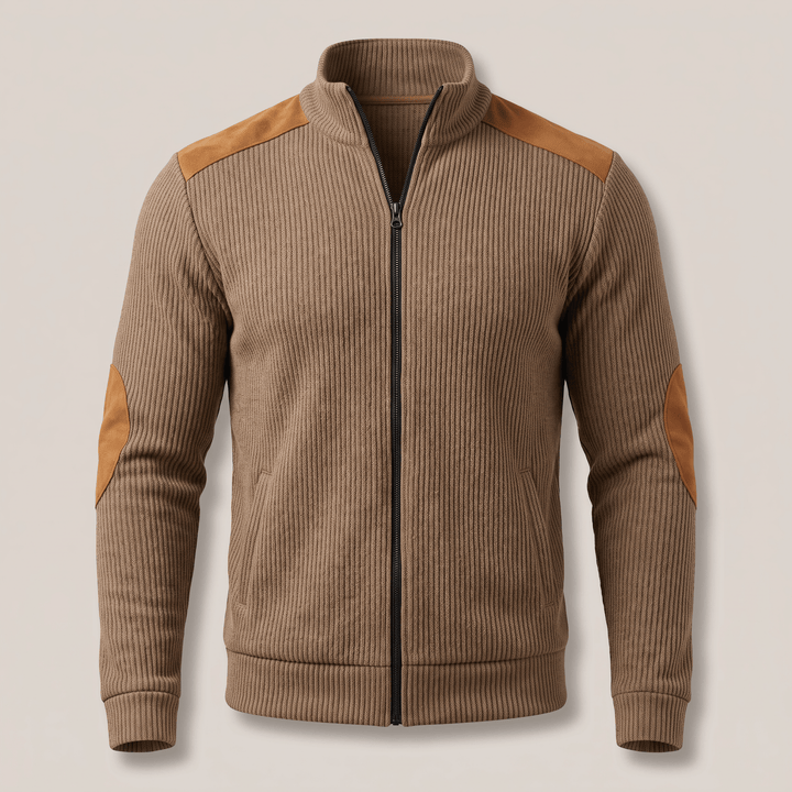 Fawn ribbed velvet-look zip jacket with stand collar and tan leather shoulder accents