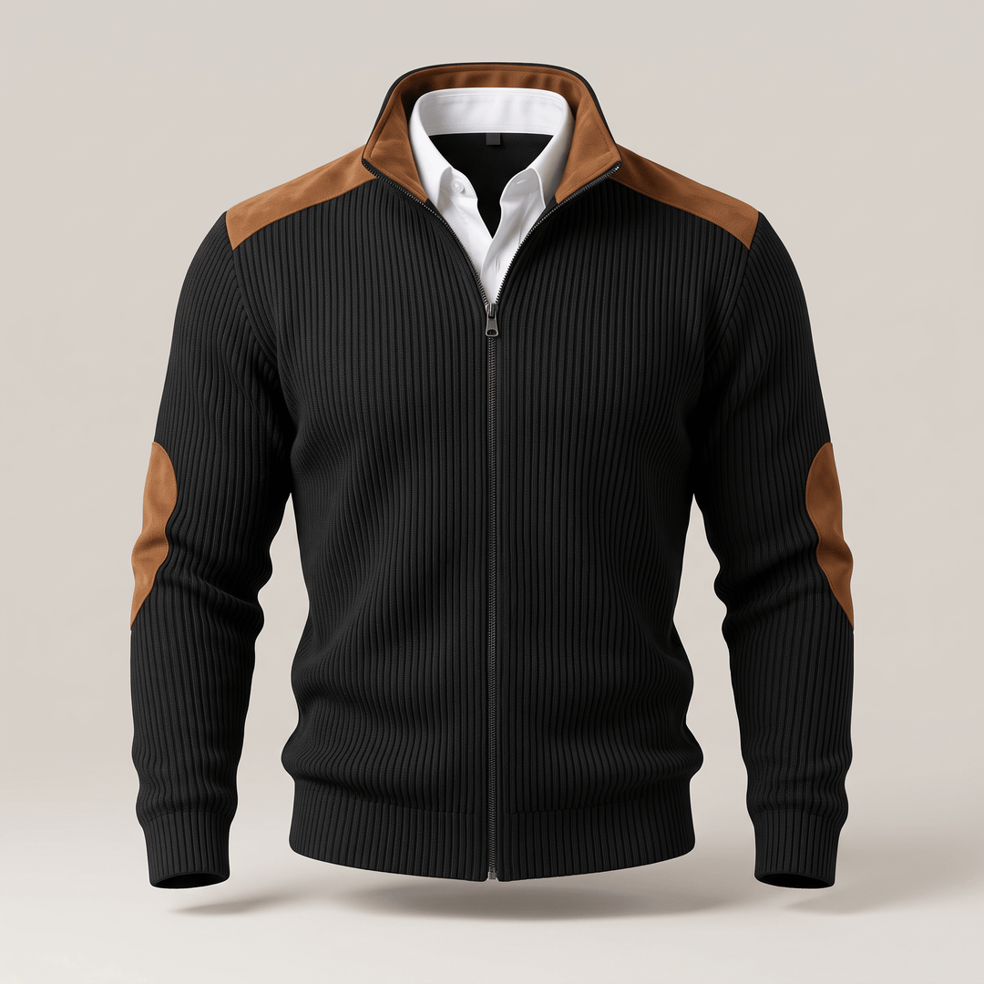Black ribbed velvet-look full-zip jacket with stand collar and tan leather accents