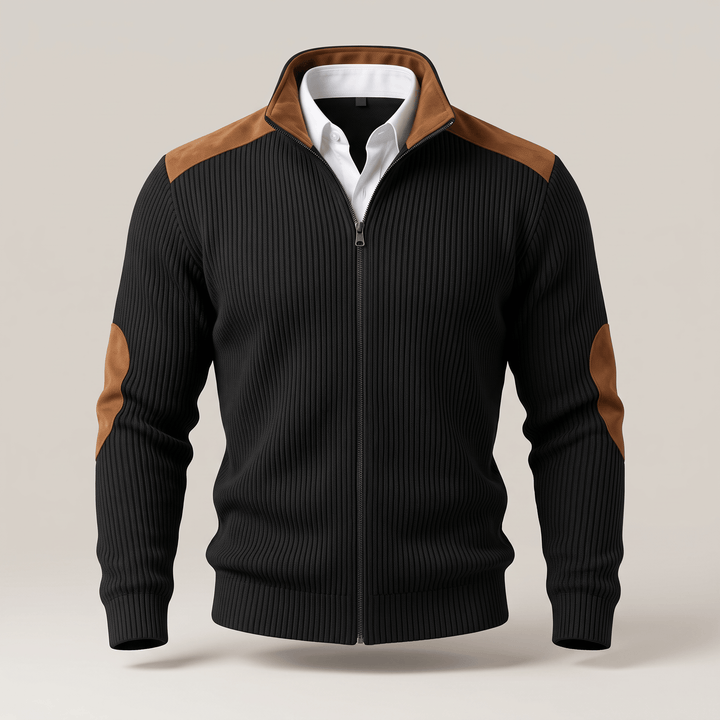 Black ribbed velvet-look full-zip jacket with stand collar and tan leather accents