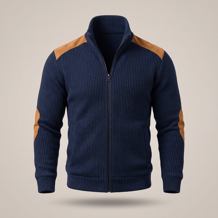 Navy ribbed velvet-look full-zip jacket with stand collar and tan leather accents