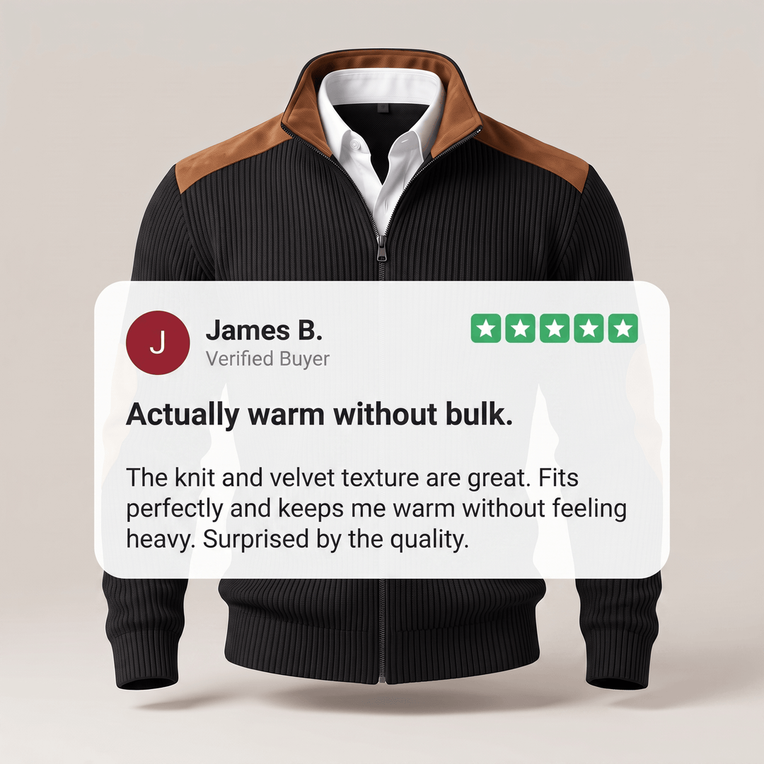 Black ribbed velvet-look full-zip jacket with stand collar and tan leather shoulder panels