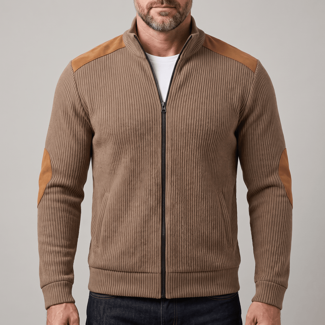 Brown ribbed velvet-look zip jacket with stand collar and tan leather accents