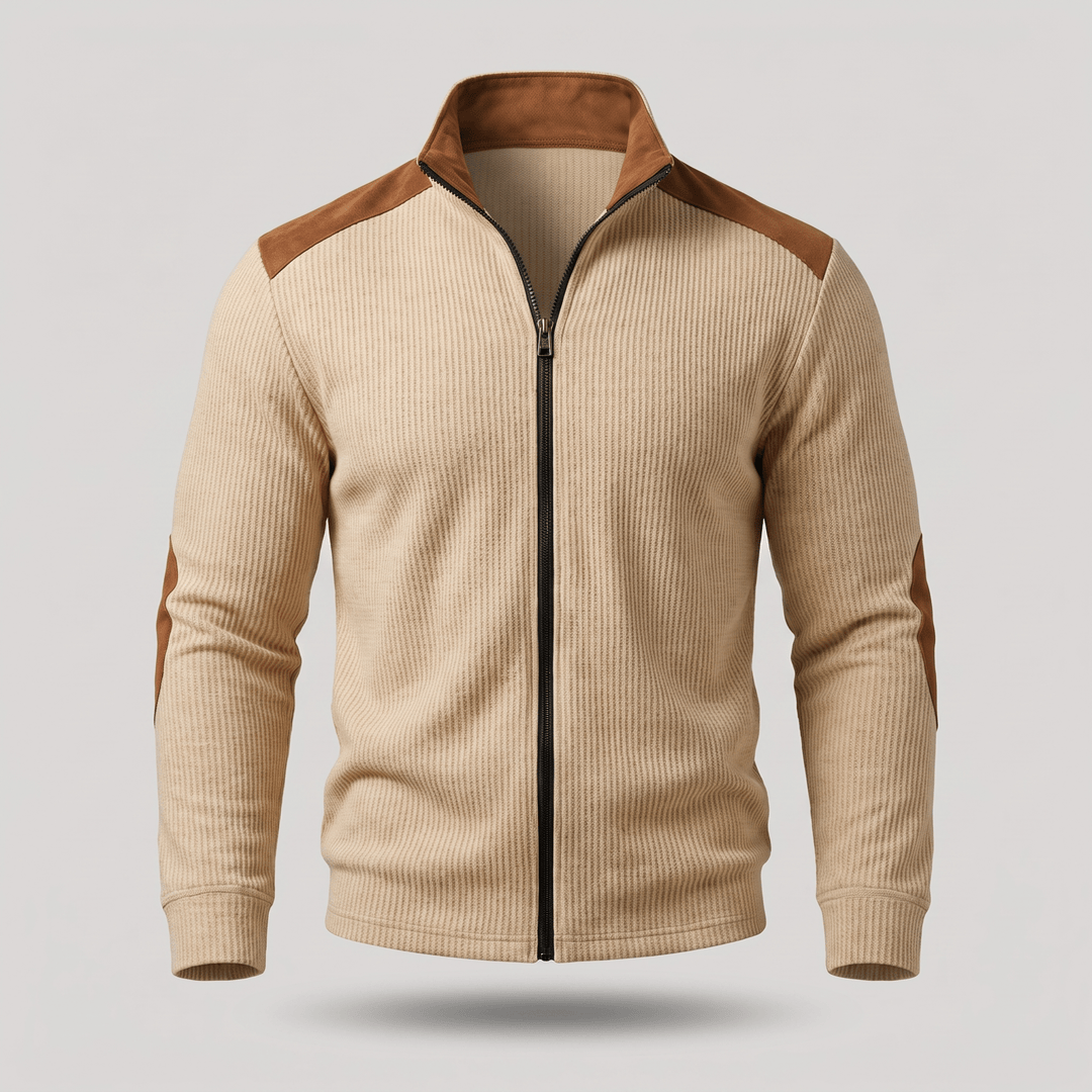 Cream ribbed velvet-look full-zip jacket with stand collar and brown leather accents