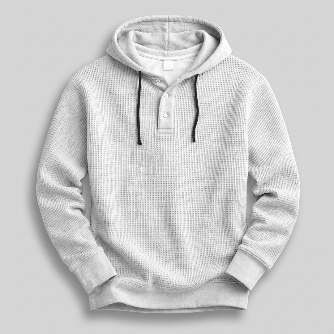 White waffle-knit henley hoodie pullover with drawstring and three-button placket