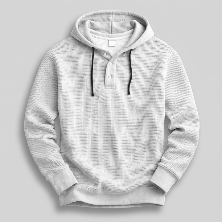 White waffle-knit henley hoodie pullover with drawstring and three-button placket