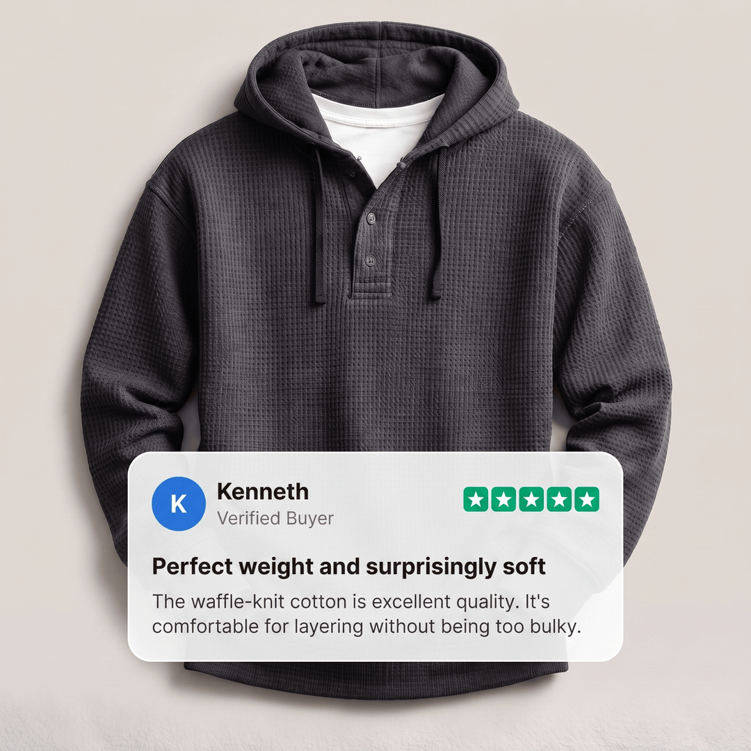 Dark charcoal waffle-knit henley hoodie pullover with drawstring and three-button placket