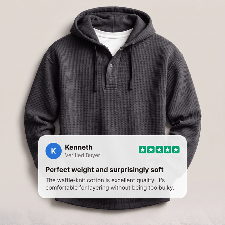 Dark charcoal waffle-knit henley hoodie pullover with drawstring and three-button placket