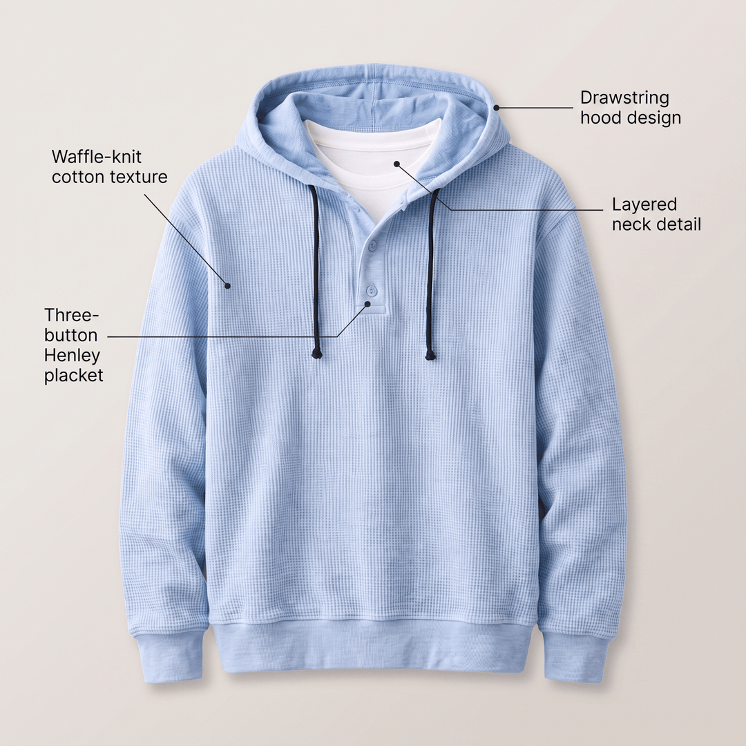 Light blue waffle-knit henley hoodie pullover with drawstring and layered neck detail