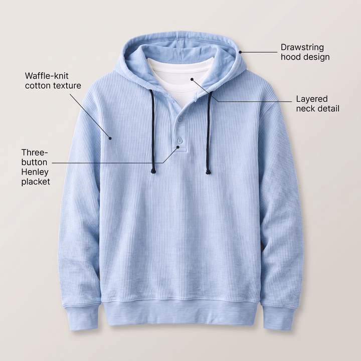 Light blue waffle-knit henley hoodie pullover with drawstring and layered neck detail