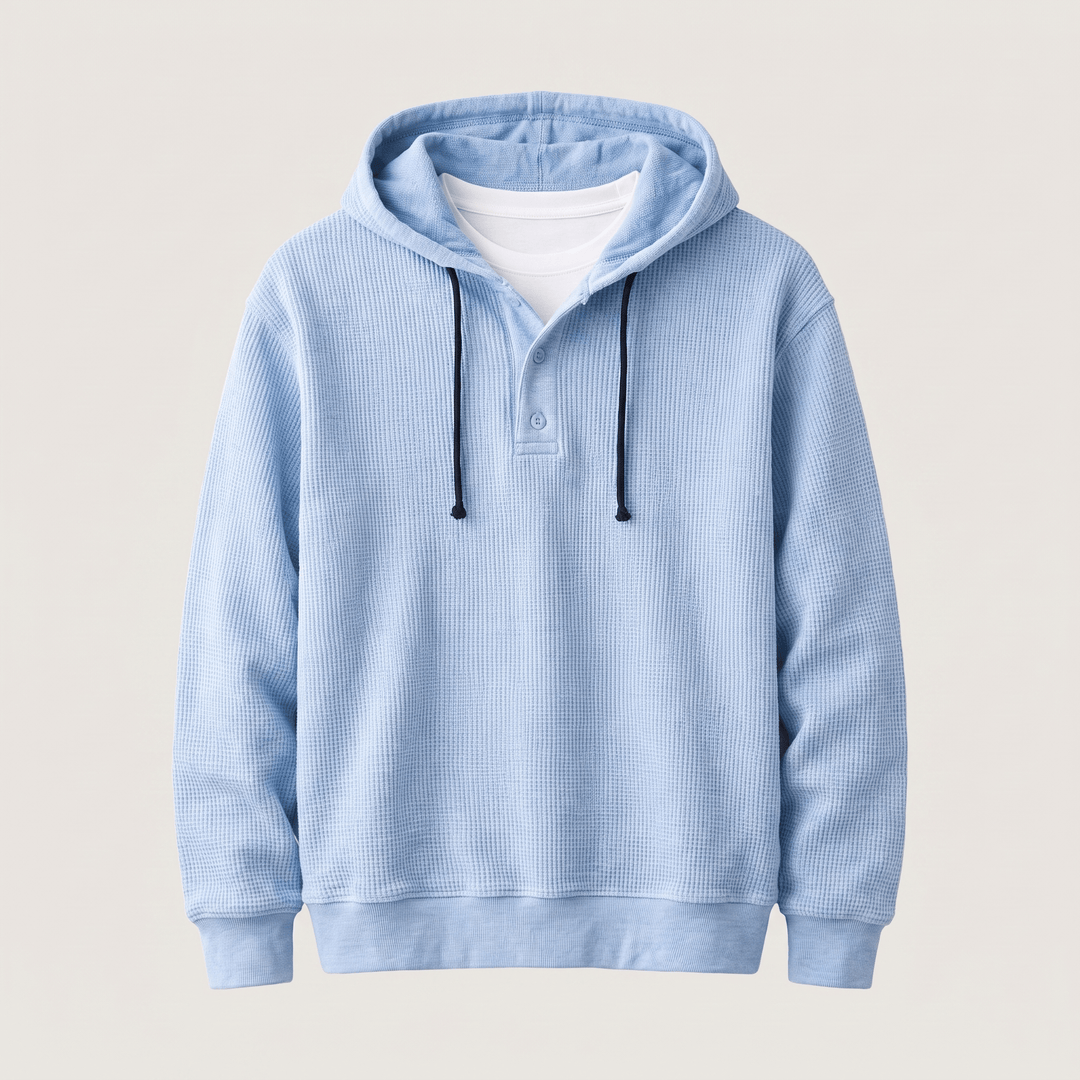 Light blue waffle-knit henley hoodie pullover with drawstring and three-button placket