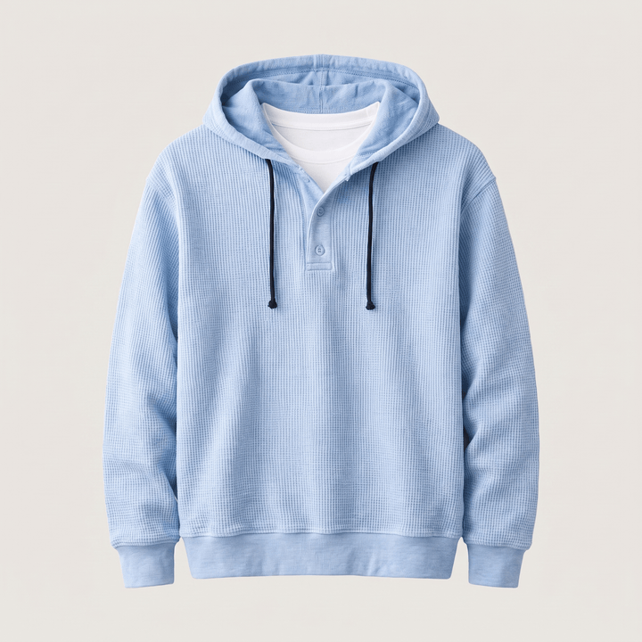 Light blue waffle-knit henley hoodie pullover with drawstring and three-button placket