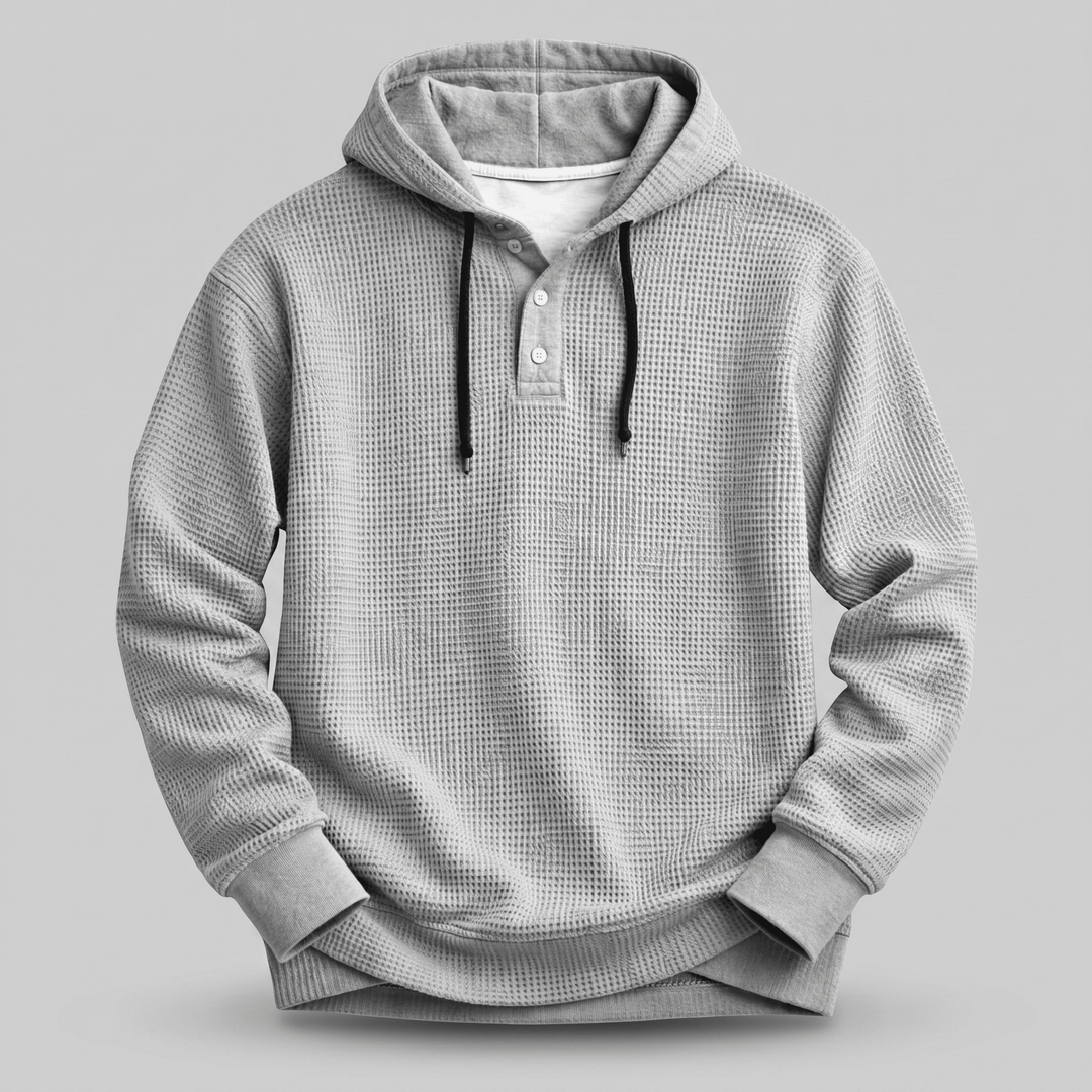 Light grey waffle-knit henley hoodie pullover with drawstring and three-button placket