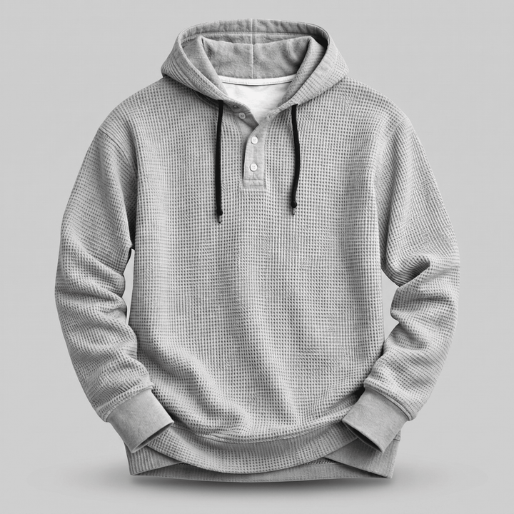 Light grey waffle-knit henley hoodie pullover with drawstring and three-button placket