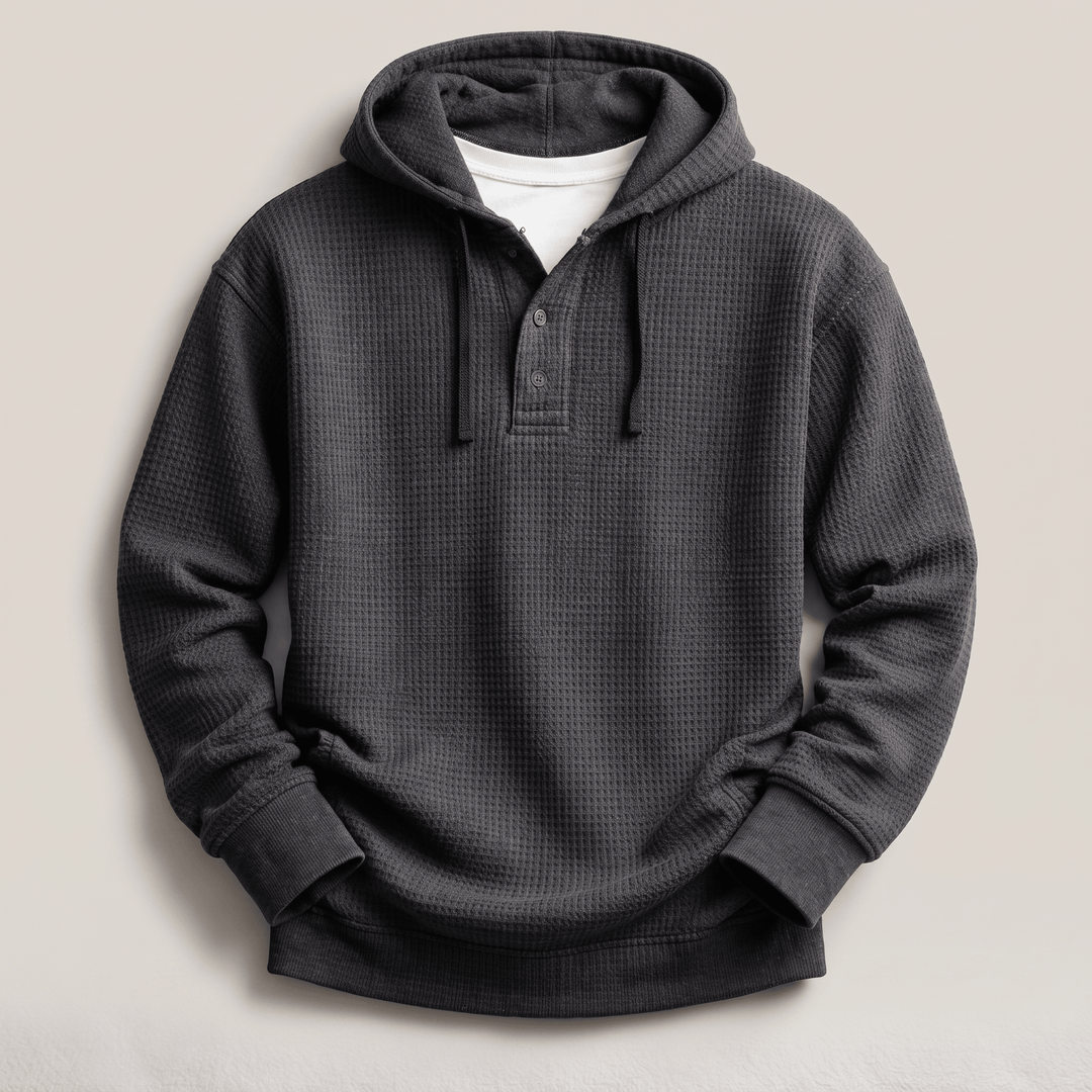 Dark charcoal waffle-knit henley hoodie pullover with drawstring and three-button placket