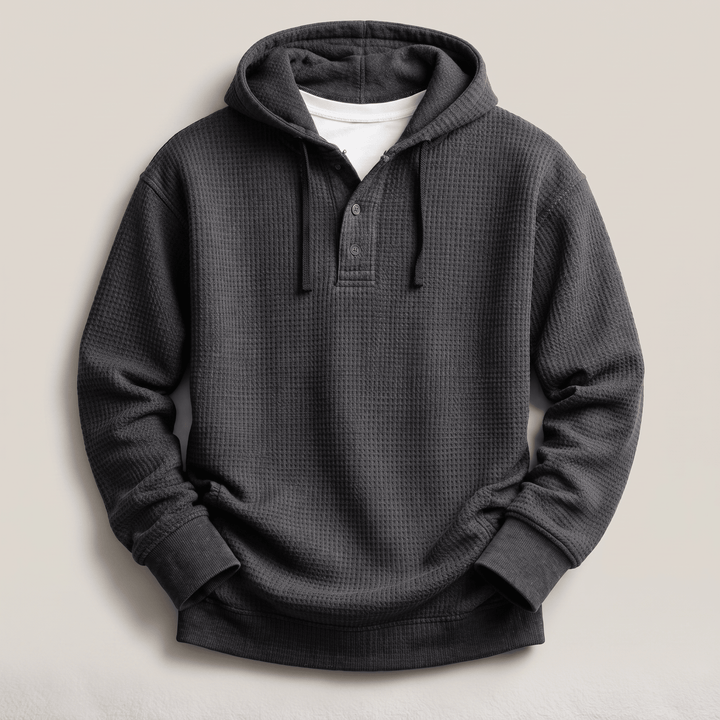 Dark charcoal waffle-knit henley hoodie pullover with drawstring and three-button placket