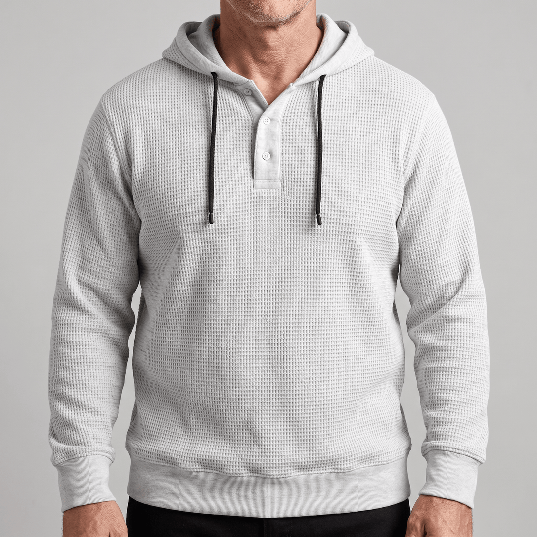 Light grey waffle-knit henley hoodie pullover with drawstring and three-button placket