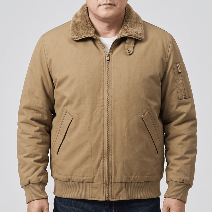 Fleece bomber jacket in khaki with front zipper, stand collar, and ribbed cuffs.