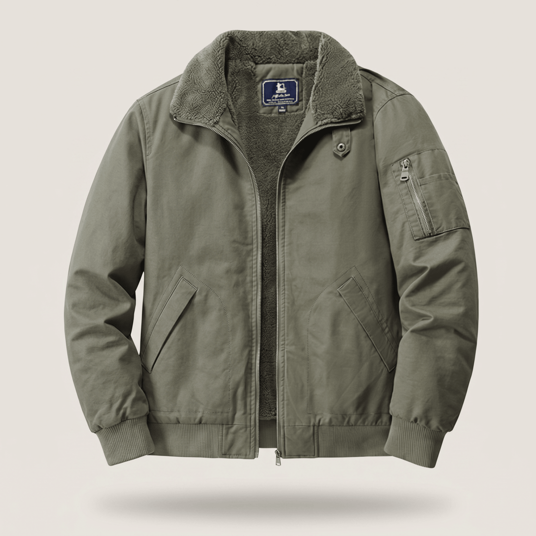 Fleece-lined bomber jacket in green with sherpa collar and front zipper.